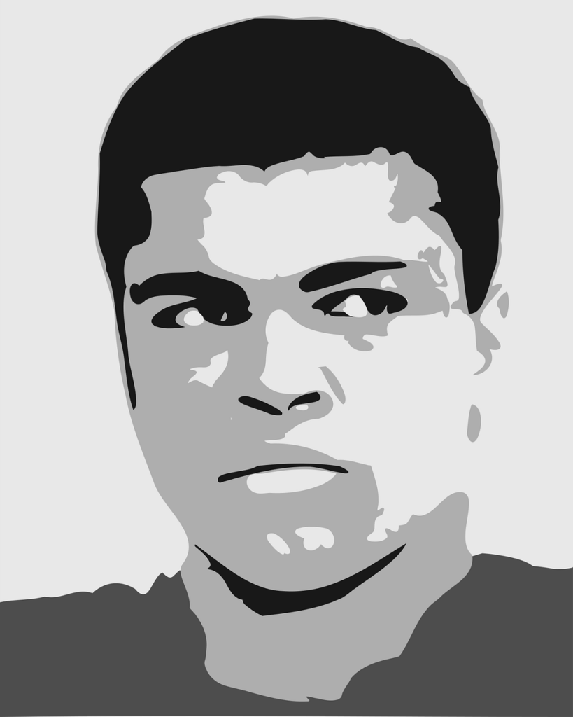 A artistic black and white image of boxer Mohammad Ali