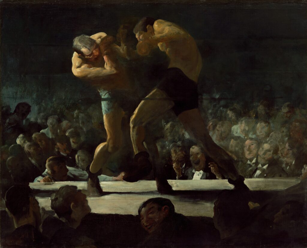 A painting of two men boxing in a boxing ring with spectators.